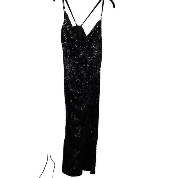 Black Sequin Party Dress Cowl Neck Strappy Backless Slit Maxi Evening Gown - Picture 6 of 15